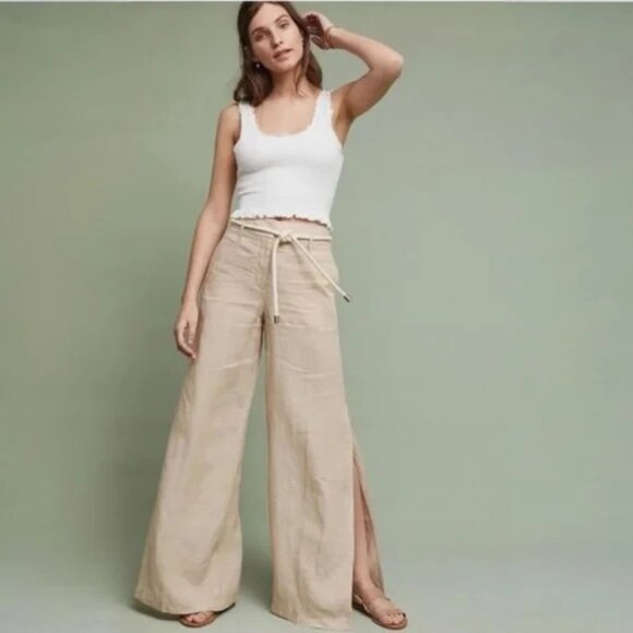 Anthropologie Elevenses Pants Split Wide Leg 100% Linen High Rise NWT - Picture 1 of 14